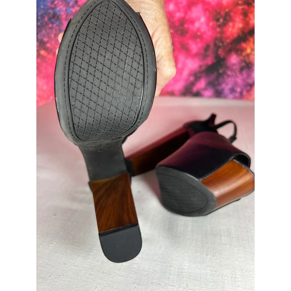 Jessica Simpson Black Leather T-Strap Platform Sandals Wood Block Heel Size 10M